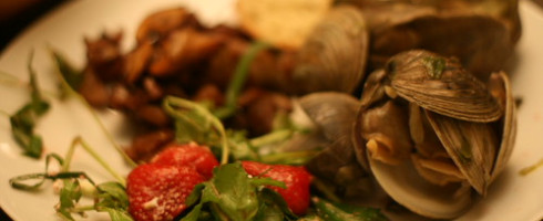 Family Meal: Steamed Clams, Balsamic Strawberries with Arugula, Crisp Cooked Jerusalem Artichokes