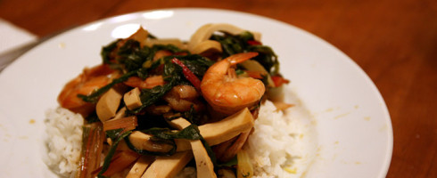 Sort-of Stir-fry: Soy Poached Shrimp with Greens and Tofu